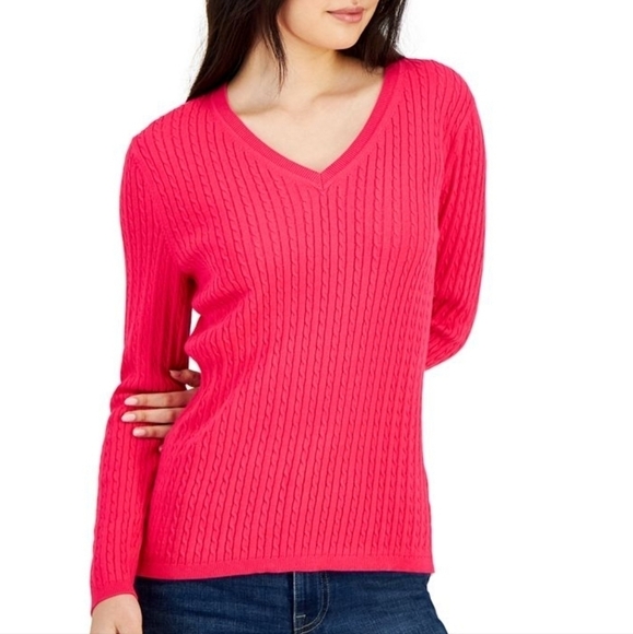 Plus size Tommy Hilfiger Women's Cotton Cable-Knit V-Neck Sweater 2X - Picture 1 of 6
